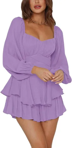 Vista 5 de LYANER - Enterizo con volados de manga larga estilo farol y con lazo, para mujer, rómper corto