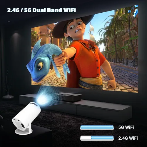 Vista 5 de Mini proyector 4K con Bluetooth, proyector inteligente portátil 1080P, proyector de cine casero giratorio de 180° Android 11 para teléfono/TV