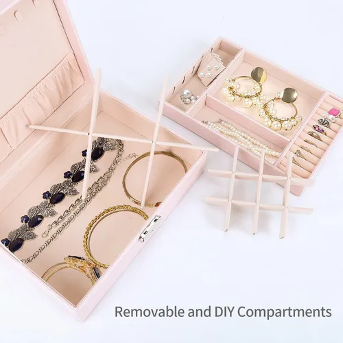 Vista 4 de Cajas de joyería para mujer caja organizadora grande de piel sintética caja de almacenamiento de joyas de 2 capas con cerradura caja de joyería rosa