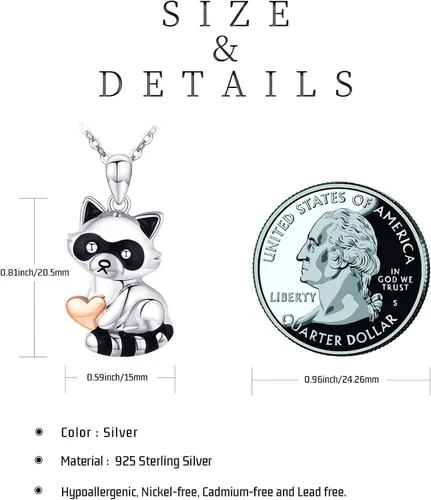 Vista 4 de CHENGHONG Collar con colgante de corazón de mapache abrazo de amor, lindo collar de mapache de plata de ley 925, collar de animal de mapache