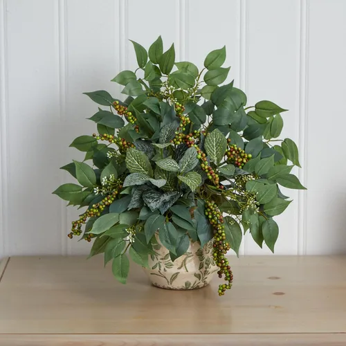 Vista 3 de Nearly Natural Ficus, Fittonia y bayas artificiales mixtas en jarrón floral