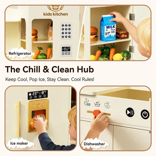 Vista 5 de Juego de cocina para niños con diseño giratorio, juego de cocina de madera para niños con máquina de hielo, juego de cocina de juguete para niños