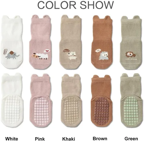 Vista 2 de Exegawe Calcetines antideslizantes para niños pequeños, bonitos calcetines de bebé con puños de cuello redondo, 5 pares