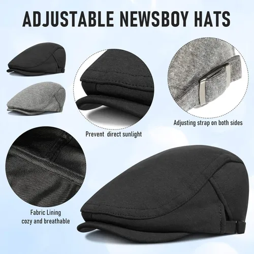 Vista 7 de 2 sombreros de periódico para hombre gorra plana de algodón irlandés gorra de taxi de Gatsby para caza viajes ciclismo pesca senderismo negro y gris