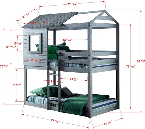 Vista 4 de Donco Kids Cabaña ciega de ciervo individual sobre cama doble rústica gris claro litera con tienda azul