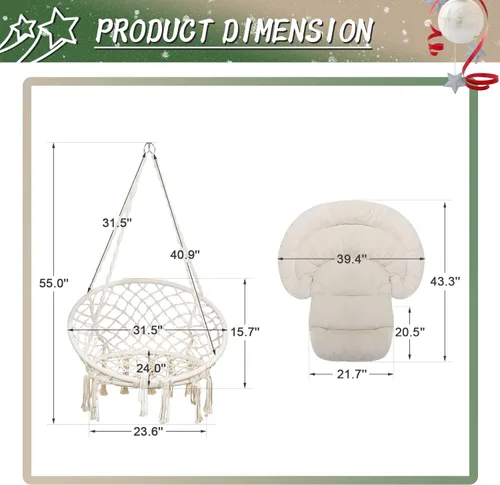 Vista 5 de Silla hamaca con cojín, silla columpio de macramé hecha a mano con kits de accesorios para colgar, estilo bohemio, silla colgante de cuerda de Beige