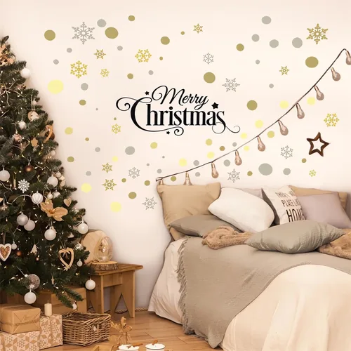 Vista 4 de Calcomanías de pared de copos de nieve de lunares dorados, marrones y grises, vinilo extraíble para decoración de Navidad, sala de estar