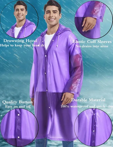 Vista 21 de 2 abrigos de lluvia de Borogo para adultos, chaquetas de lluvia reutilizables para hombres y mujeres
