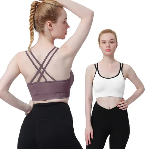 Vista 2 de WOYYHO Brasier deportivo de espalda cruzada para mujer, brasier de yoga con tirantes, brasier de entrenamiento de soporte medio para gimnasio