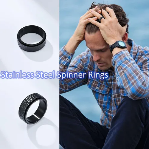 Vista 4 de Nanafast Anillos de ansiedad de acero de titanio de 0.236 in0.315 in para mujeres y hombres, anillos martillados de moda, anillos geniales