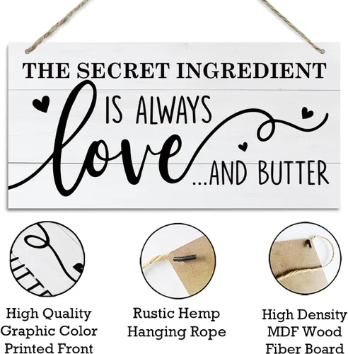 Vista 3 de Cartel de cocina divertido con texto en inglés "The Secret Ingredient Is Always Love and Butter", letrero decorativo para colgar en la pared