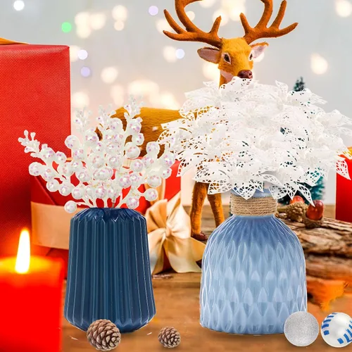 Vista 6 de Juego de 22 flores artificiales de flor de pascua navideña y tallos de bayas con purpurina, 16 adornos de flores de árbol de Navidad con purpurina
