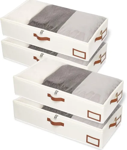 Vista 9 de Yawinhe Almacenamiento debajo de la cama, paquete de 2 organizadores de armario, bolsas plegables para contenedores, con ranura para tarjeta de Beige
