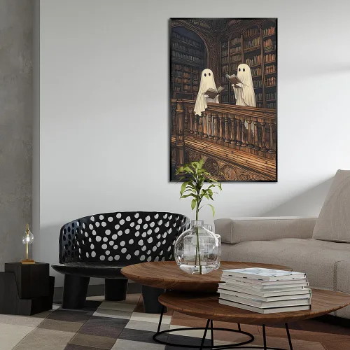 Vista 6 de Póster de dos lindos fantasmas en una biblioteca, arte de pared gótico espeluznante, decoración de Halloween, divertido estampado de fantasma