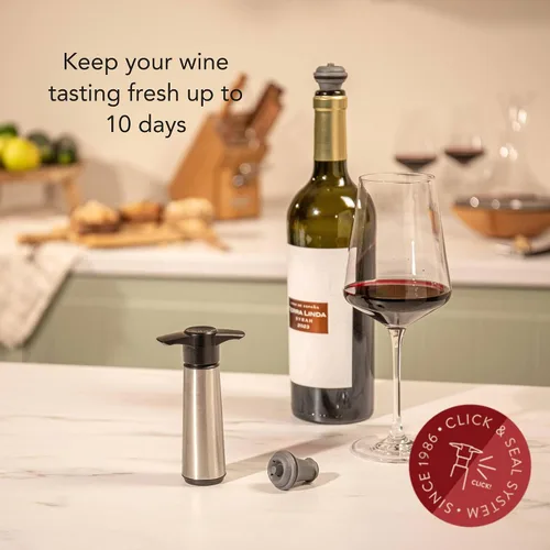 Vista 2 de Vacu Vin Bomba de ahorro de vino con 1 tapón al vacío, acero inoxidable, sello hermético para preservar la frescura hasta 10 días, reutilizable, a