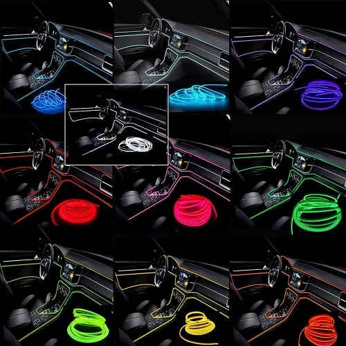 Vista 2 de Tira de luces LED de cable electroluminiscente azul para interior de automóvil, 6.5 pies de cable de neón con controlador USB de 5 voltios