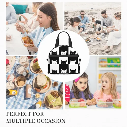 Vista 8 de Bolsa de almuerzo para gatos blancos y negros con correa ajustable para el hombro para mujeres y hombres, lonchera reutilizable, a prueba de fugas