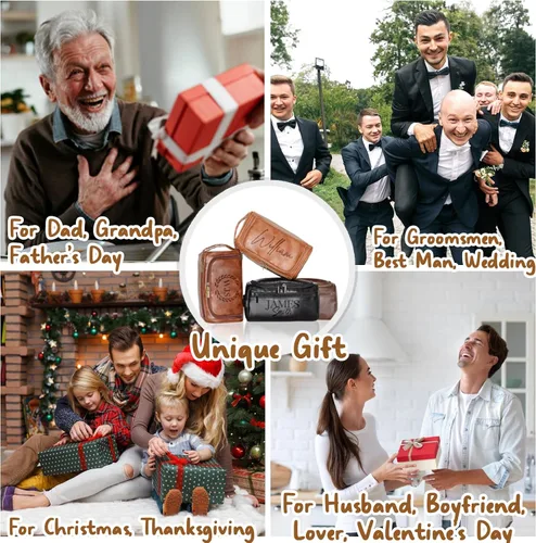 Vista 5 de Xpanrous Neceser personalizado para hombre – Kit de piel sintética grabada con nombre o iniciales personalizados, bolsa de afeitar de viaje hecha a