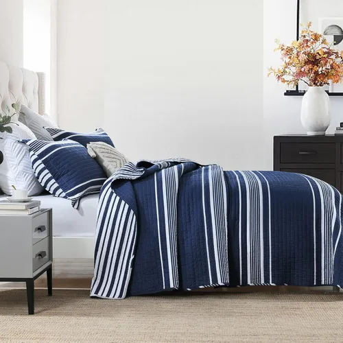 Vista 3 de SahSahCasa Juego de edredón tamaño Queen, 100% algodón, juego de ropa de cama Queen, colcha ligera reversible a rayas para cama Queen, para todas