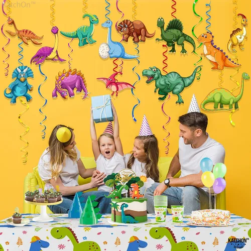 Vista 8 de KatchOn, Decoraciones de espirales colgantes de dinosaurios, paquete de 62, decoraciones de fiesta de dinosaurios, pancarta de fotos de dinosaurios