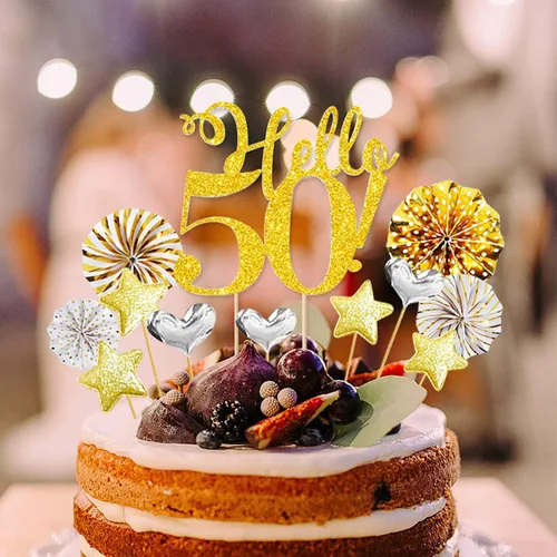 Vista 4 de Hello50 - Decoración de cumpleaños para tartas doradas, para hombres y mujeres, decoración de pastel de cumpleaños número 50