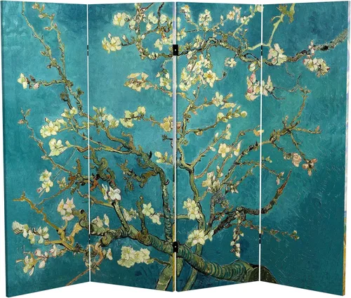Vista 14 de Red Lantern Pantalla plegable de lona de Van Gogh de doble cara, flores de almendra/campo de trigo, 3 pies de corto - 3 paneles