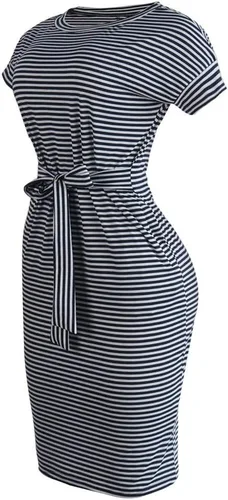Vista 4 de Ceboyel Vestido de verano a rayas para mujer, vestidos cortos de manga corta, con lazo en la cintura, vestido casual de moda, trajes de negocios