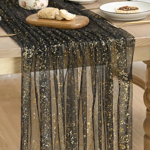 Vista 22 de Artoid Mode Camino de mesa de gasa color beige dorado de 120 pulgadas, 10 pies, lámina metálica con purpurina transparente para comedor, boda