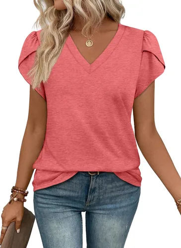 Vista 9 de WIHOLL Camisetas casuales de verano con cuello en V para mujer Negro