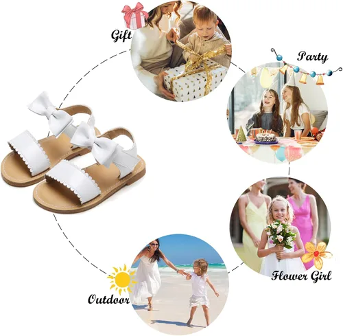 Vista 4 de Felix & Flora Sandalias para niña pequeña - Zapatos de vestir para niña de flores, puntera abierta, zapatos planos de verano para niños pequeños
