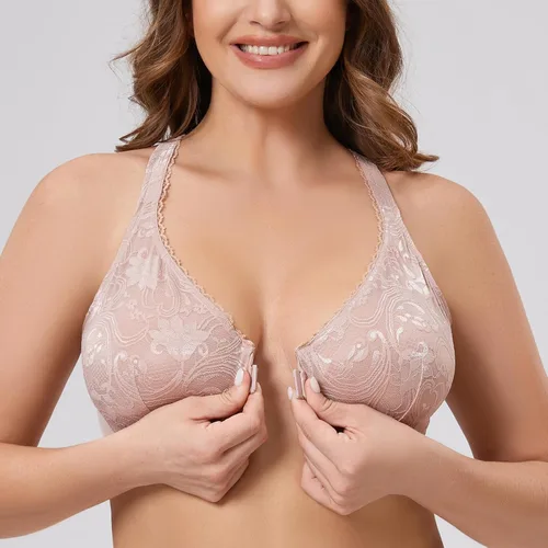 Vista 5 de MELENECA Brasier de encaje sin forro con espalda cruzada para mujer, talla grande, cierre frontal