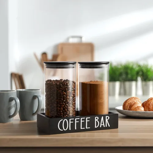 Vista 7 de Recipiente de Vidrio para Café Molido - Juego de 2 Piezas de 45oz de Recipientes para Café y Azúcar con Tapas Herméticas de Bambú y Bandeja Negra