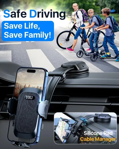 Vista 4 de YRU Soporte de teléfono para automóvil [brazo de aluminio ajustable y flexible para 2026] Soporte de teléfono celular para salpicadero del Negro