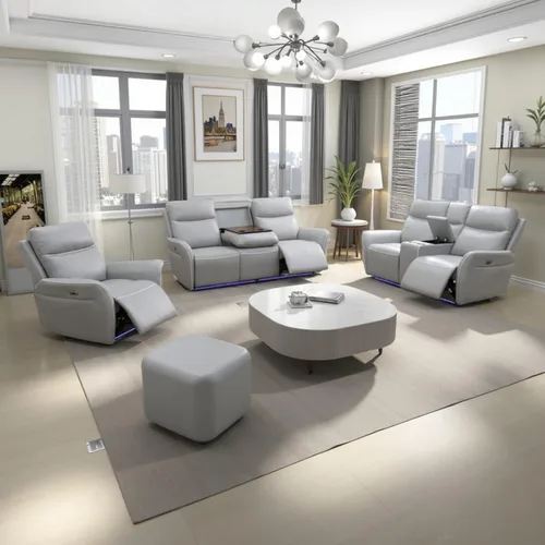 Vista 8 de Air Leather - Juego de sofá reclinable eléctrico con LED, juegos de muebles de sala de estar, juego de sofá reclinable eléctrico con puertos USB