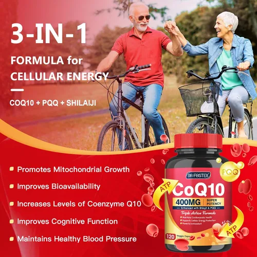 Vista 3 de DRFOSTER CoQ10 400mg-Suplementos de coenzima Q10 de alta absorción con PQQ, Shilajit y Vitamina E, poderoso antioxidante para la salud del corazón