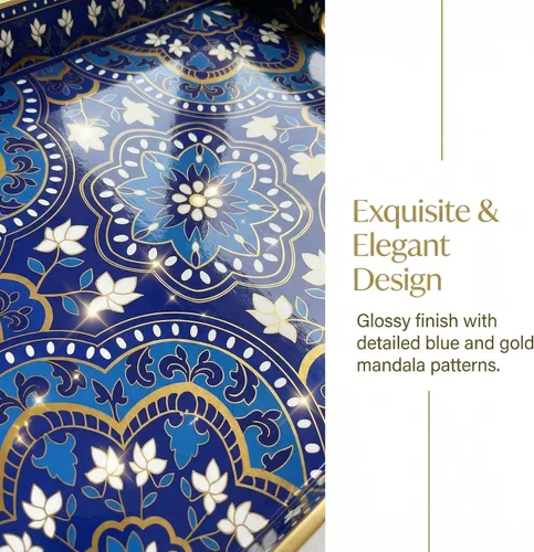Vista 2 de Bandeja decorativa para servir con asas, 15.7 x 11.8 pulgadas, bandeja rectangular de plástico con patrón de mandala azul, bandeja de mesa auxiliar