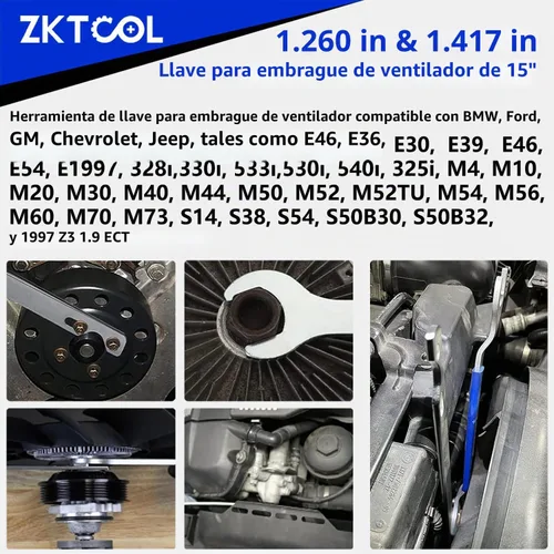 Vista 6 de ZKTOOL Juego de llaves para acoplamiento de ventilación, llave de herramienta de ventilador de embrague de 32mm y 36mm, herramienta de remoción