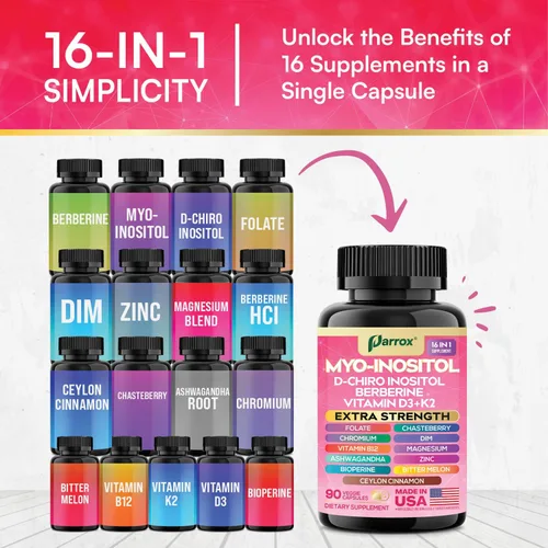 Vista 4 de Suplemento de Myo Inositol, D-Chiro Inositol, Folato, DIM, Vitamina D3, B12, K2, Cromo, Bioperina, Canela de Ceilán, Zinc, Ashwagandha, Agracejo