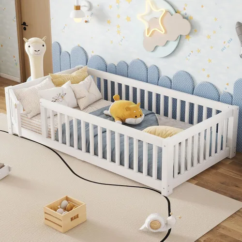 Vista 24 de Cama Montessori de tamaño matrimonial con tablillas, puerta y valla, cama Gris