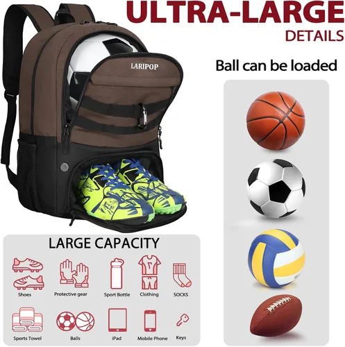 Vista 4 de LARIPOP Mochila de Fútbol, Bolsa de Fútbol con Soporte para Balón y Compartimento para Zapatos, Bolsas de Entrenamiento para Equipos Deportivos
