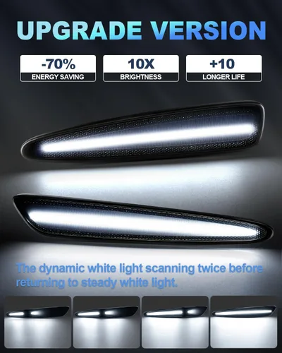 Vista 4 de Luces LED dinámicas de marcador lateral compatibles con Chevy Corvette C6 2005-2013 escaneo secuencial intermitente a luz blanca constante, 10 veces