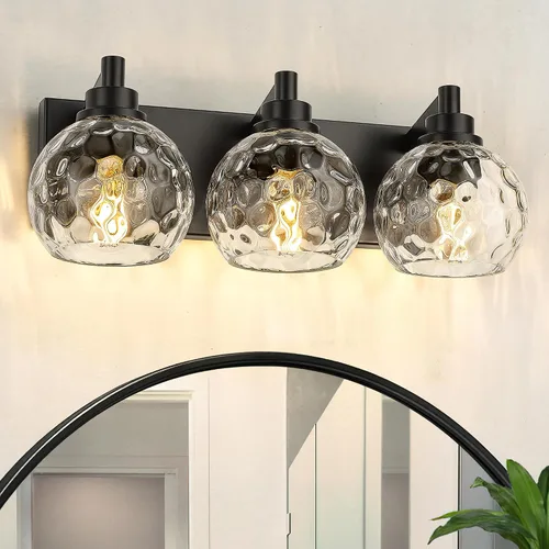 Vista 29 de Accesorios de iluminación de baño, luz de tocador mate negra de 2 luces, apliques de pared modernos con pantalla de globo de vidrio transparente