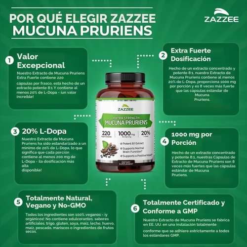 Vista 6 de Mucuna Pruriens L-Dopa Extra Strength 1000 mg Per Serving, Vegan, 110 Day Supply, Concentrated and Standardized 8X Extract, 100% Vegetarian