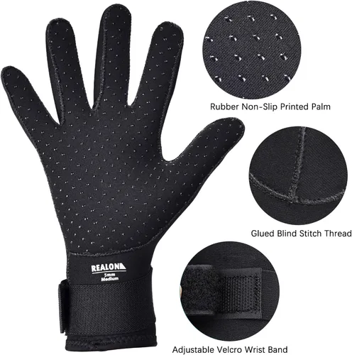 Vista 4 de Guantes de neopreno para buceo para hombres y mujeres, 0.197 in, cálidos con cinco dedos en agua fría, banda elástica para la muñeca antideslizante