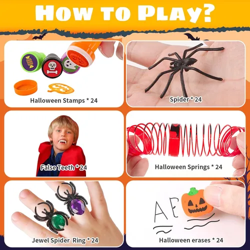 Vista 4 de Recuerdos de fiesta de Halloween para niños, paquete de 24 caldero de bruja de plástico prellenado, juguete novedoso a granel, juguetes de Halloween