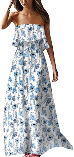 Vista 12 de ZMPSIISA Vestido largo de verano para mujer, con hombros descubiertos, sin A-flor azul