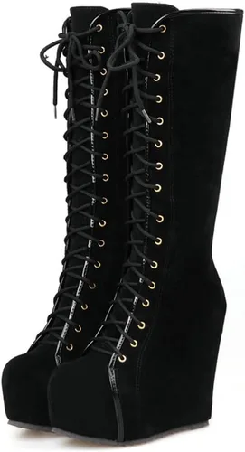 Vista 56 de Parisuit Botas góticas altas hasta la rodilla con hebilla de plataforma para mujer, tacón alto grueso, con cordones, botas de combate punk, con Negro