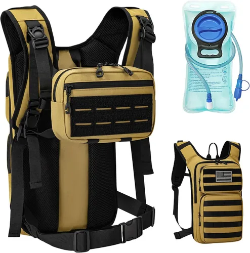 Vista 10 de Koculemi Mochila táctica de hidratación con bolsa de agua de 2L y bolsa táctica pequeña delantera, mochila de agua para exteriores para hombres