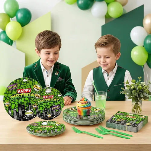 Vista 6 de Vajilla de cumpleaños de superhéroe ninja para niños, 24 invitados Juego de servilletas y tenedores de platos de papel, desechables, impermeables