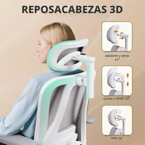 Vista 6 de DEVAISE - Silla ergonómica de oficina de malla con reposacabezas 3D ajustable y función de inclinación, silla reclinable grande y alta y cómoda